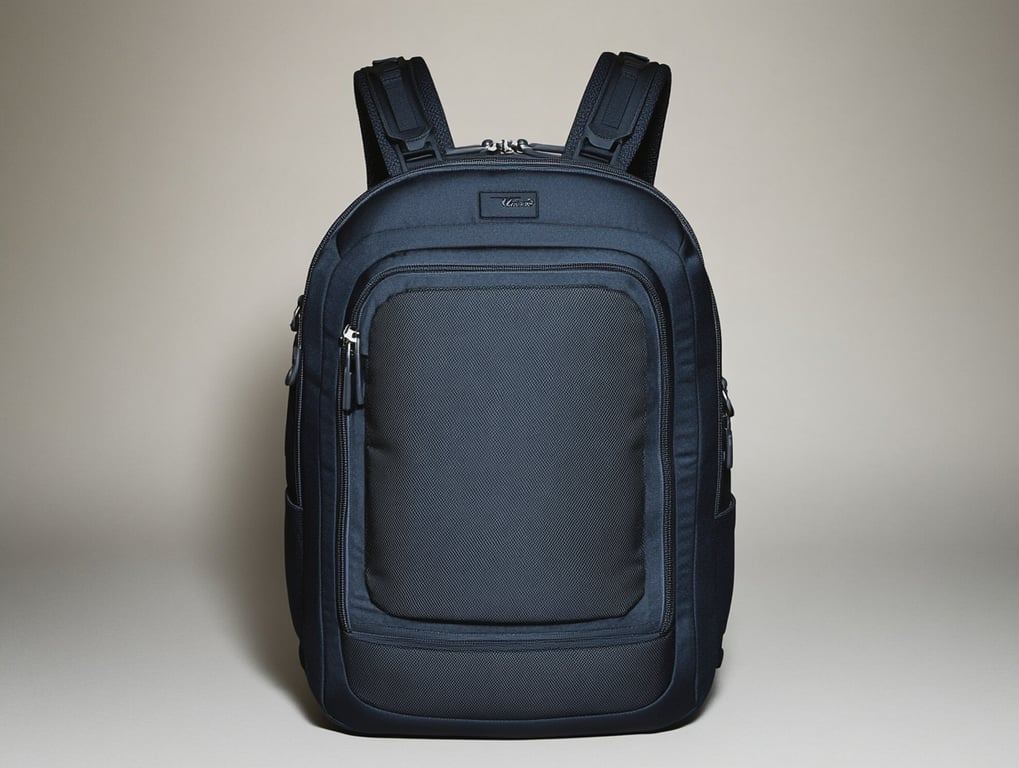 The travel backpack features a sleek, durable nylon exterior in a deep navy blue, with padded shoulder straps, multiple zippered compartments, and a textured, water-resistant finish.