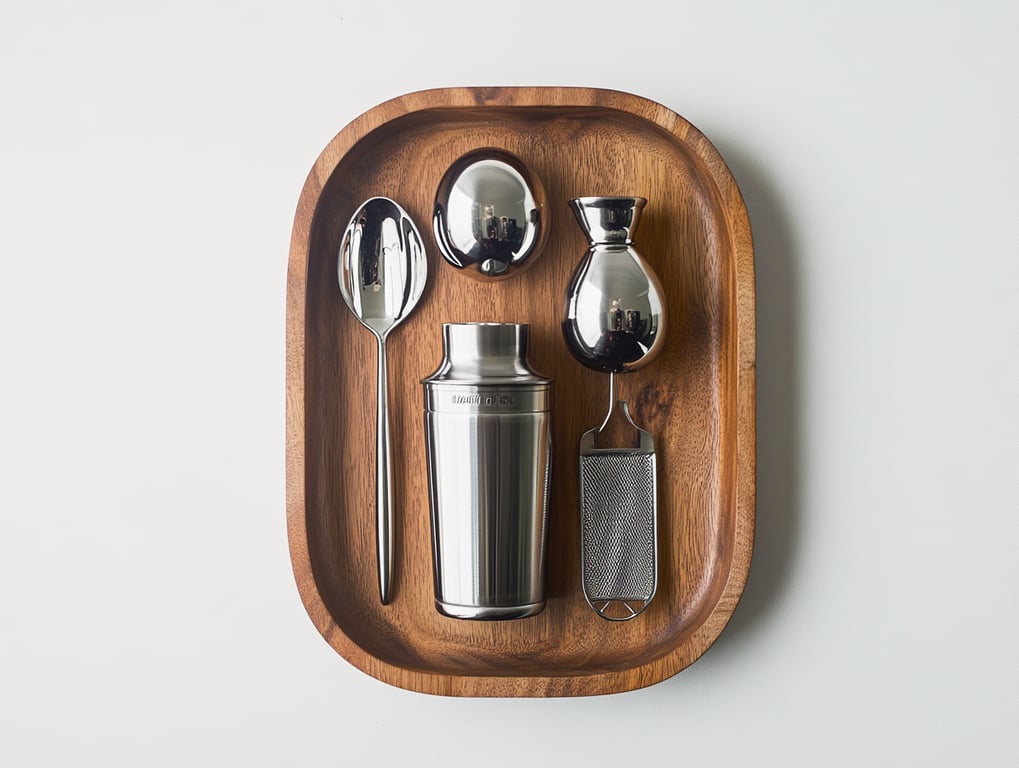 The Bar Tools Set features a sleek stainless steel finish with a matte black rubber grip, including a polished cocktail shaker, a jigger with embossed measurements, a stirring spoon with a twisted handle, and a strainer with a fine mesh, all elegantly arranged on a wooden tray.